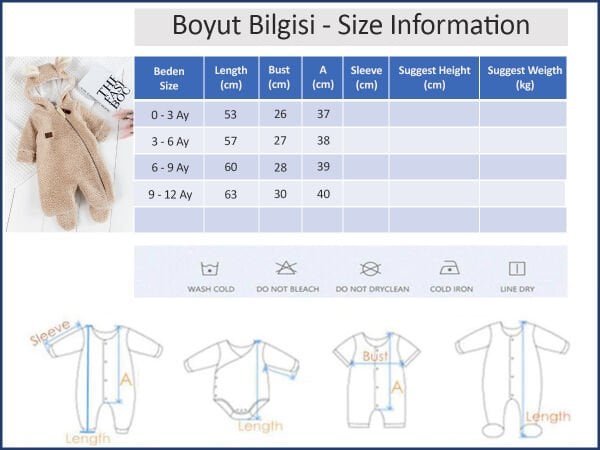 Kapüşonlu Welsoft Peluş Kışlık Kız/Erkek Bebek Tulum BEJ -  6-9 AY