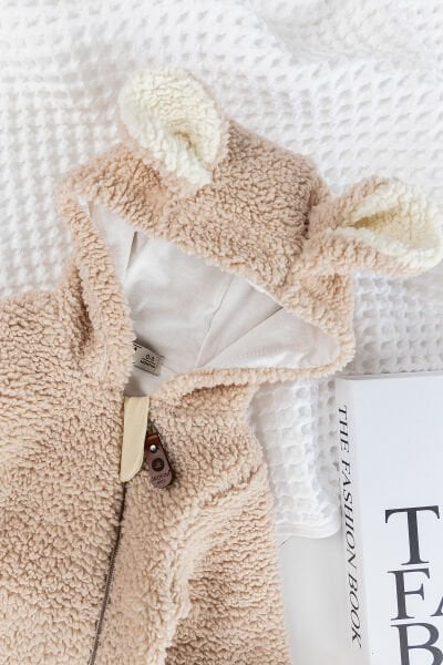 Kapüşonlu Welsoft Peluş Kışlık Kız/Erkek Bebek Tulum BEJ -  6-9 AY