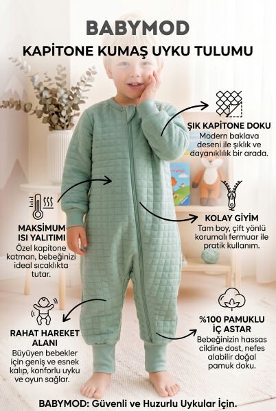 Mevsimlik Kapitone  1.5 Tog Çocuk Uyku Tulumu Uyku Gurusu  %100 Pamuk Kumaş YEŞİL -  5-6 Yaş