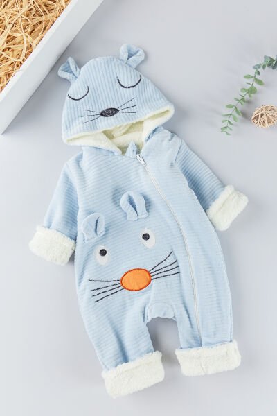 Figürlü Unisex Kışlık Welsoft Kadife Bebek Tulum MAVİ -  0-3 AY