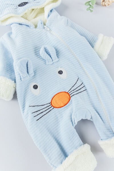 Figürlü Unisex Kışlık Welsoft Kadife Bebek Tulum MAVİ -  0-3 AY