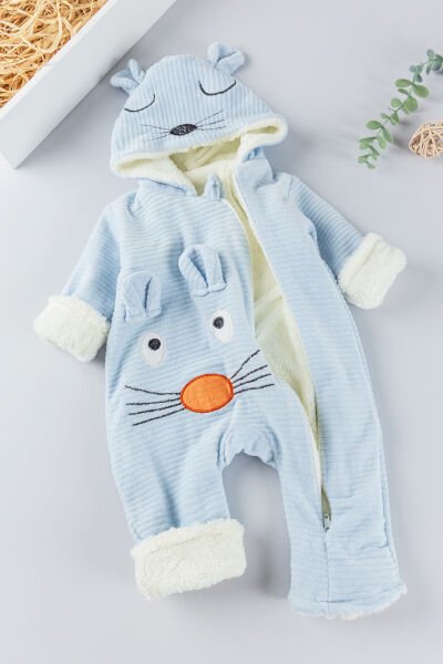 Figürlü Unisex Kışlık Welsoft Kadife Bebek Tulum MAVİ -  0-3 AY