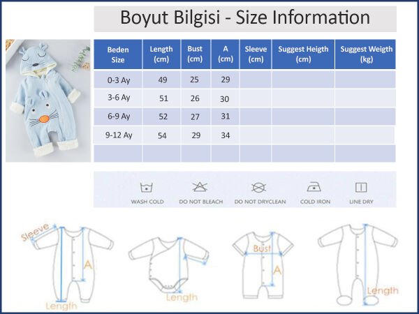 Figürlü Unisex Kışlık Welsoft Kadife Bebek Tulum MAVİ -  0-3 AY