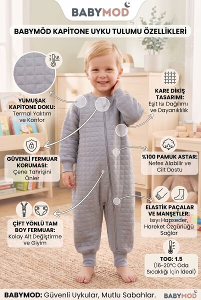 Mevsimlik Kapitone  1.5 Tog Çocuk Uyku Tulumu Uyku Gurusu  %100 Pamuk Kumaş GRİ -  5-6 Yaş