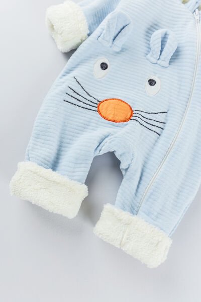 Figürlü Unisex Kışlık Welsoft Kadife Bebek Tulum MAVİ -  6-9 AY