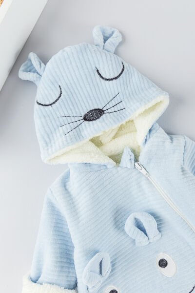 Figürlü Unisex Kışlık Welsoft Kadife Bebek Tulum MAVİ -  6-9 AY