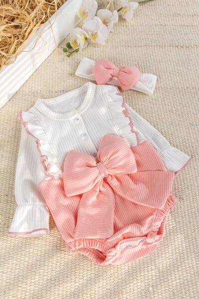 Fiyonklu Bandanalı Kız Bebek Elbise Bebek Tulum