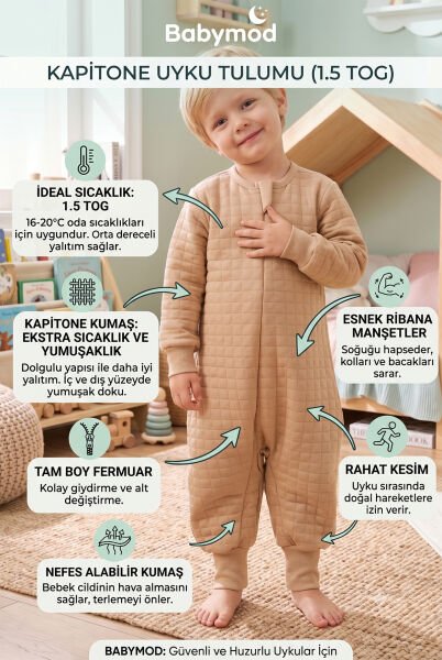 Mevsimlik Kapitone  1.5 Tog Çocuk Uyku Tulumu Uyku Gurusu  %100 Pamuk Kumaş BEJ - 2-3 Yaş