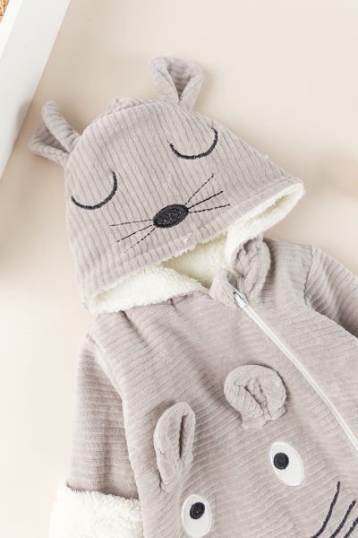 Figürlü Unisex Kışlık Welsoft Kadife Bebek Tulum VİZON - 3-6 AY
