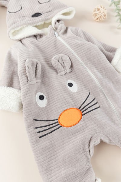 Figürlü Unisex Kışlık Welsoft Kadife Bebek Tulum VİZON - 3-6 AY