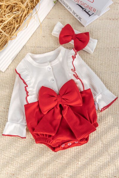 Fiyonklu Bandanalı Kız Bebek Elbise Bebek Tulum KIRMIZI -  0-3 AY