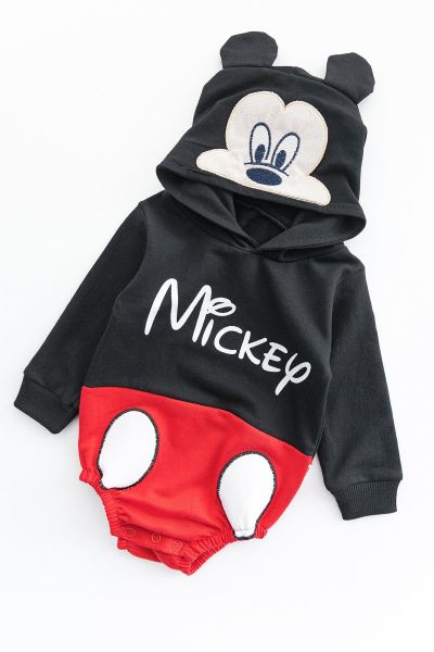 Mickey Mouse Figürlü Kapüşonlu Bebek Tulum