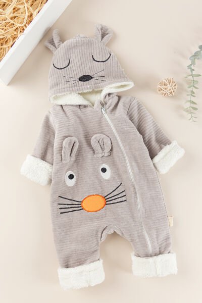 Figürlü Unisex Kışlık Welsoft Kadife Bebek Tulum VİZON -  6-9 AY