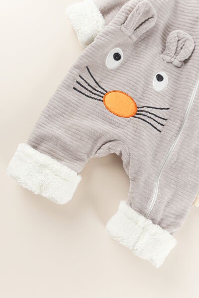 Figürlü Unisex Kışlık Welsoft Kadife Bebek Tulum VİZON -  6-9 AY