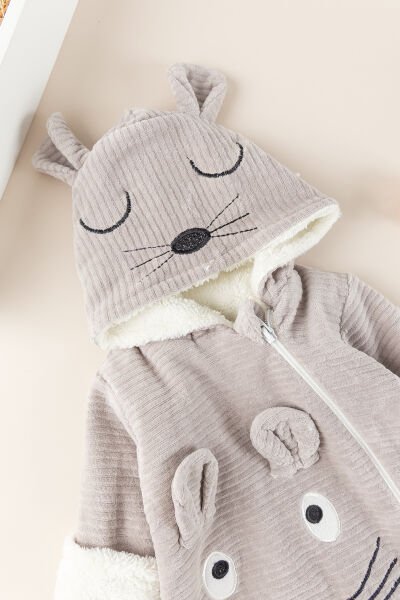 Figürlü Unisex Kışlık Welsoft Kadife Bebek Tulum VİZON -  9-12 AY