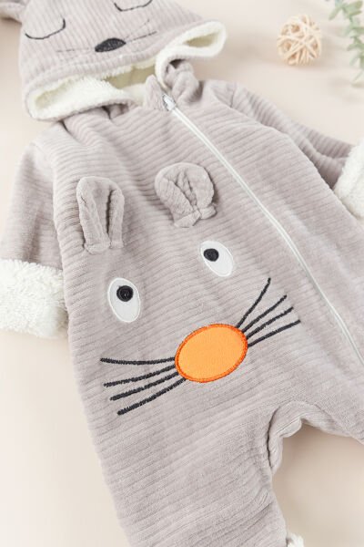 Figürlü Unisex Kışlık Welsoft Kadife Bebek Tulum VİZON -  9-12 AY