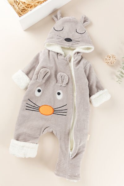 Figürlü Unisex Kışlık Welsoft Kadife Bebek Tulum VİZON -  9-12 AY
