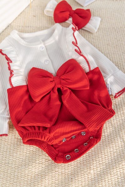 Fiyonklu Bandanalı Kız Bebek Elbise Bebek Tulum KIRMIZI -  6-9 AY