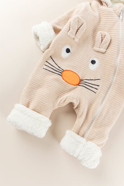 Figürlü Unisex Kışlık Welsoft Kadife Bebek Tulum BEJ -  0-3 AY