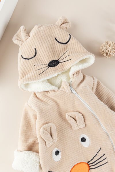 Figürlü Unisex Kışlık Welsoft Kadife Bebek Tulum BEJ -  0-3 AY