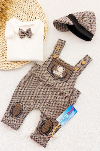 Vintage Desenli Şapkalı Erkek Bebek Tulum Salopet Takım