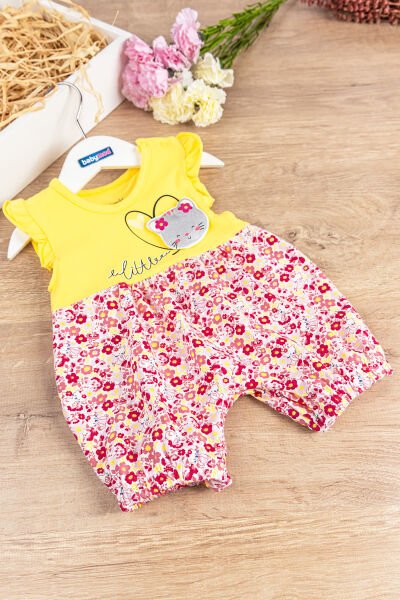 Çiçekli Kedi Figürlü Kız Bebek Tulum