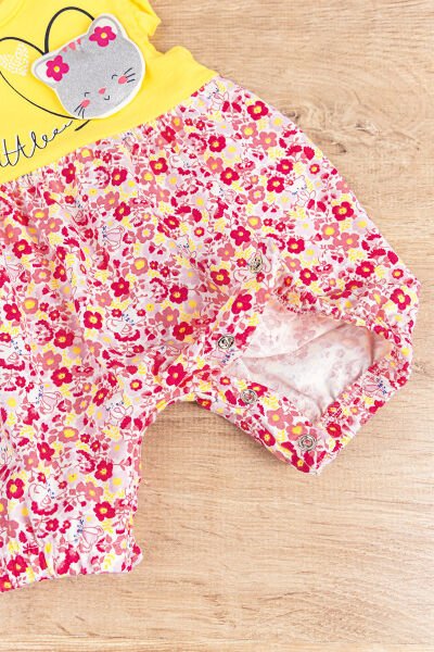 Çiçekli Kedi Figürlü Kız Bebek Tulum