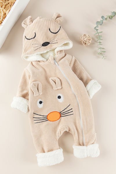 Figürlü Unisex Kışlık Welsoft Kadife Bebek Tulum BEJ - 3-6 AY