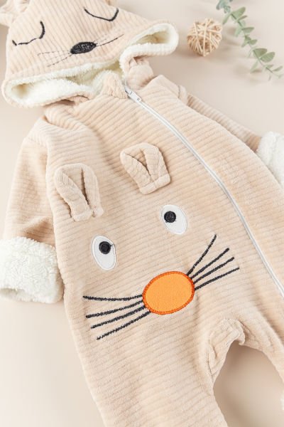 Figürlü Unisex Kışlık Welsoft Kadife Bebek Tulum BEJ - 3-6 AY