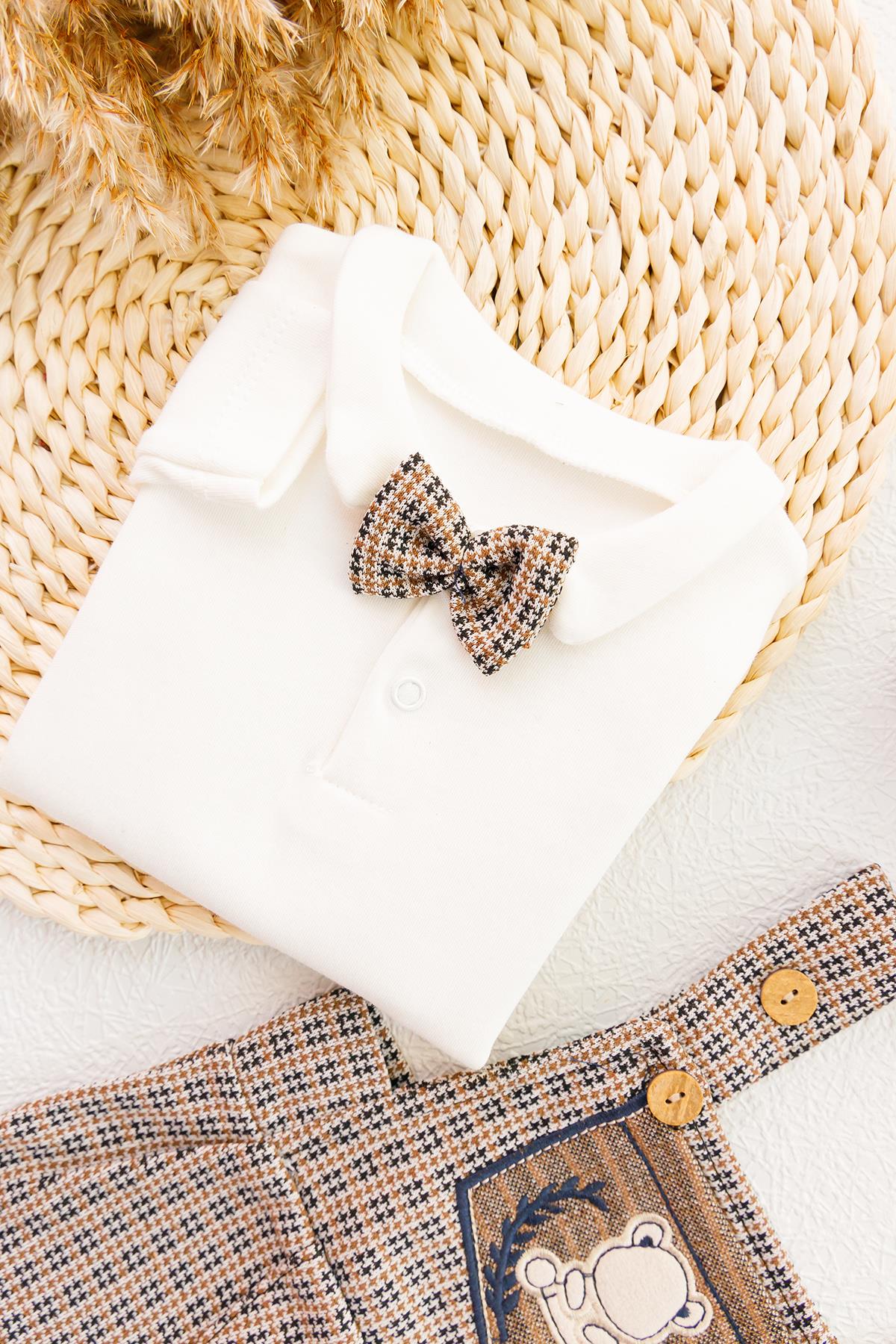 Vintage Desenli Şapkalı Erkek Bebek Tulum Salopet Takım KAHVERENGİ - 3-6 AY