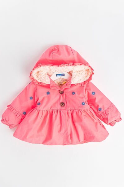 Çiçek İşlemeli Neon Pembe İçi Peluş Kız Bebek Mont
