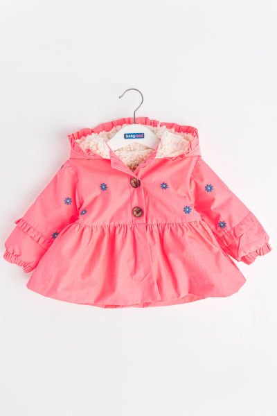Çiçek İşlemeli Neon Pembe İçi Peluş Kız Bebek Mont