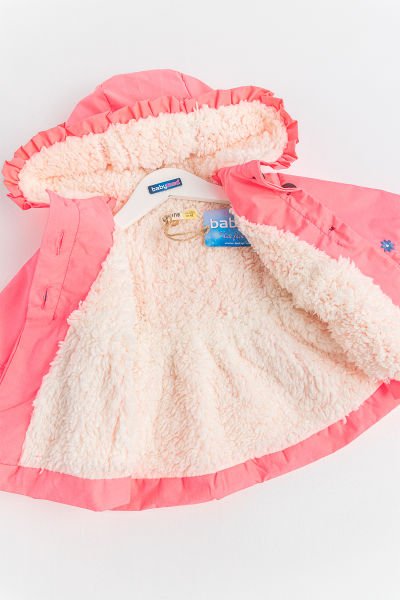 Çiçek İşlemeli Neon Pembe İçi Peluş Kız Bebek Mont