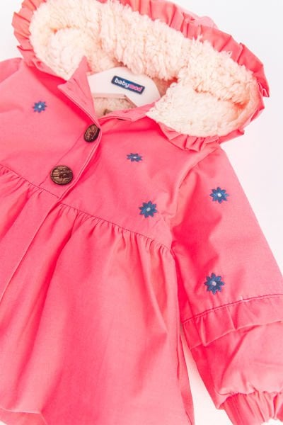 Çiçek İşlemeli Neon Pembe İçi Peluş Kız Bebek Mont