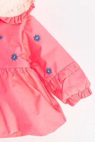 Çiçek İşlemeli Neon Pembe İçi Peluş Kız Bebek Mont