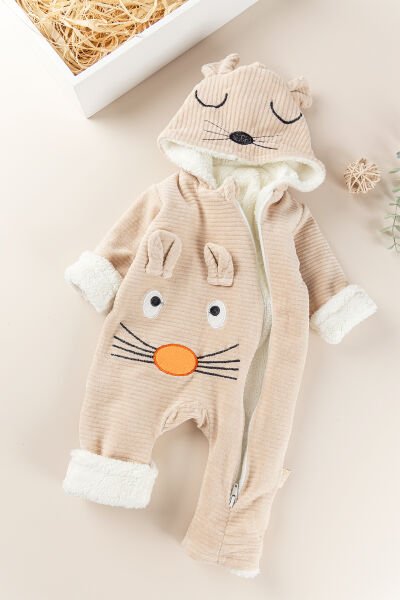 Figürlü Unisex Kışlık Welsoft Kadife Bebek Tulum BEJ -  9-12 AY