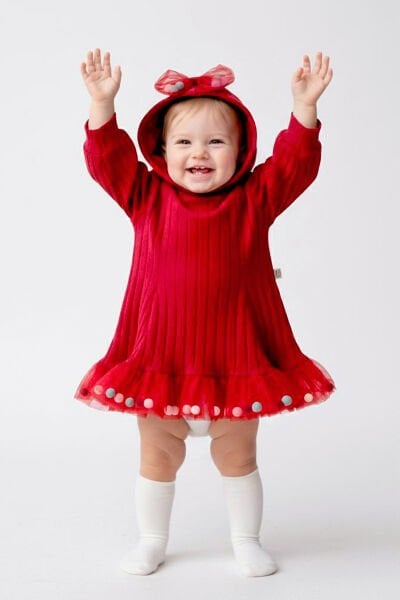 Kapüşonlu Fiyonklu 100% Pamuk Kız Bebek Elbise