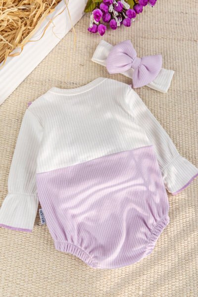 Fiyonklu Bandanalı Kız Bebek Elbise Bebek Tulum LİLA - 3-6 AY