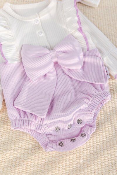 Fiyonklu Bandanalı Kız Bebek Elbise Bebek Tulum LİLA - 3-6 AY