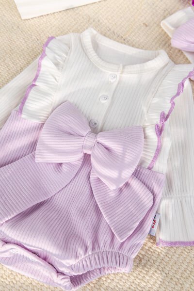Fiyonklu Bandanalı Kız Bebek Elbise Bebek Tulum LİLA - 3-6 AY