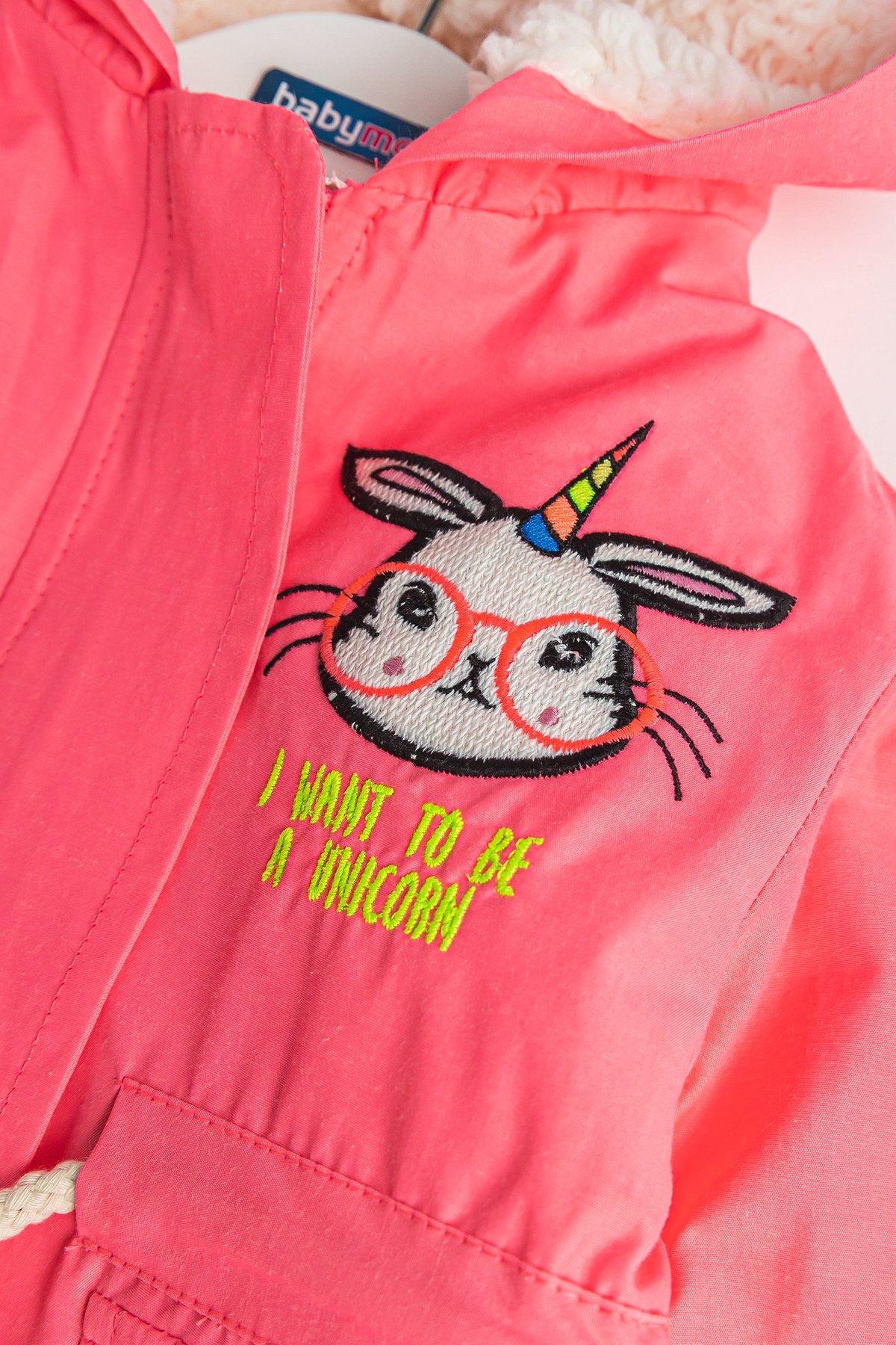 Unicorn İşlemeli İçi Peluş Neon Pembe Kız Bebek Mont