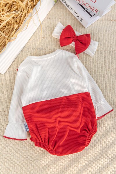 Fiyonklu Bandanalı Kız Bebek Elbise Bebek Tulum KIRMIZI -  9-12 AY