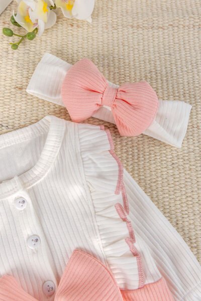 Fiyonklu Bandanalı Kız Bebek Elbise Bebek Tulum SOMON -  0-3 AY