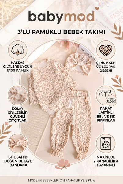 Kalp Desenli Natürel 3 'lü Pamuklu Kız Bebek Takım