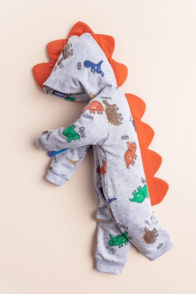 Dino Figürlü Kapüşonlu Erkek Bebek Tulum