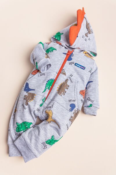 Dino Figürlü Kapüşonlu Erkek Bebek Tulum