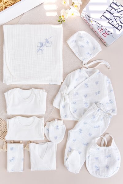 Çiçekli 100% Pamuk Muslin 10'lu Kız Bebek Hastane Çıkışı Yeni Doğan Set