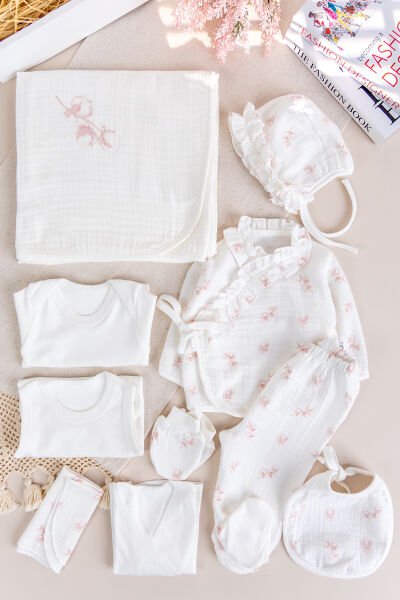 Çiçekli 100% Pamuk Muslin 10'lu Kız Bebek Hastane Çıkışı Yeni Doğan Set PEMBE -  0-3 AY