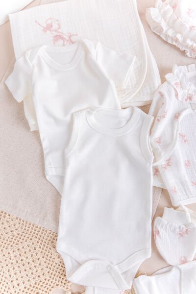 Çiçekli 100% Pamuk Muslin 10'lu Kız Bebek Hastane Çıkışı Yeni Doğan Set PEMBE -  0-3 AY