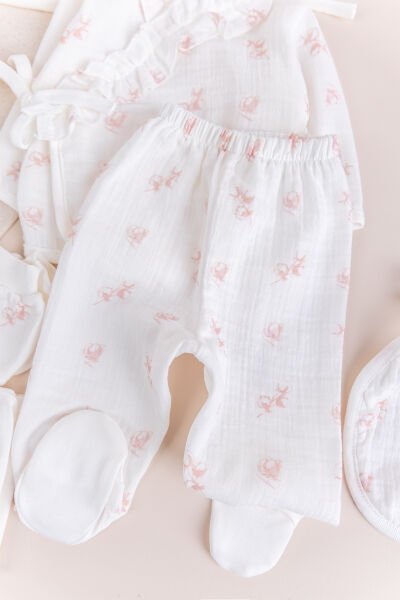 Çiçekli 100% Pamuk Muslin 10'lu Kız Bebek Hastane Çıkışı Yeni Doğan Set PEMBE -  0-3 AY
